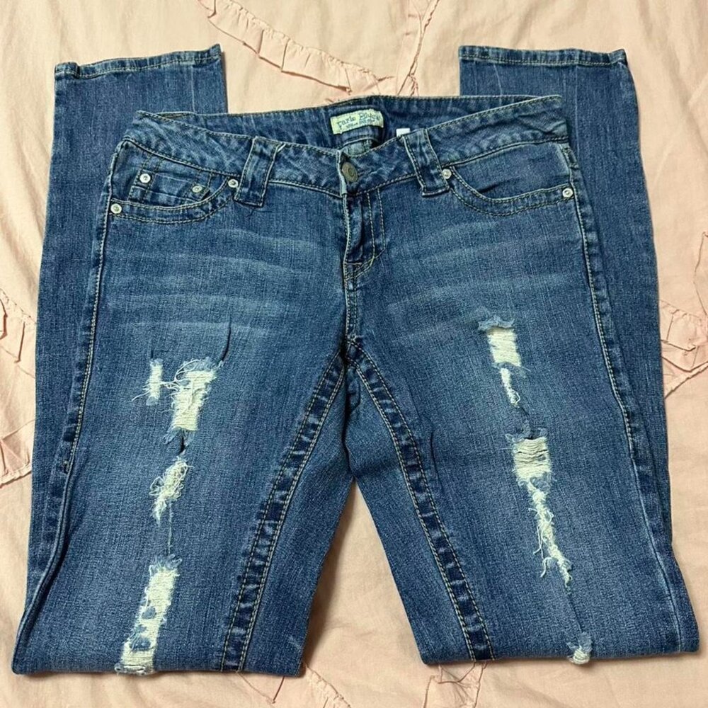 Y2K Paris Blues straight leg jeans with distressed details.